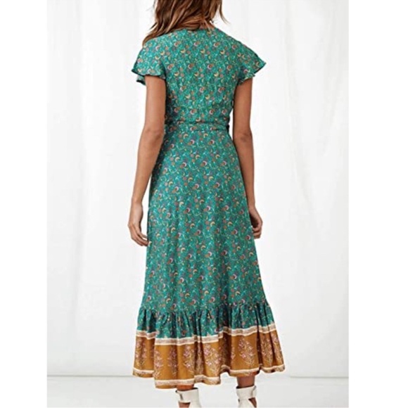 Zesica Blue Teal Boho Floral Wrap Maxi Dress - Picture 3 of 8